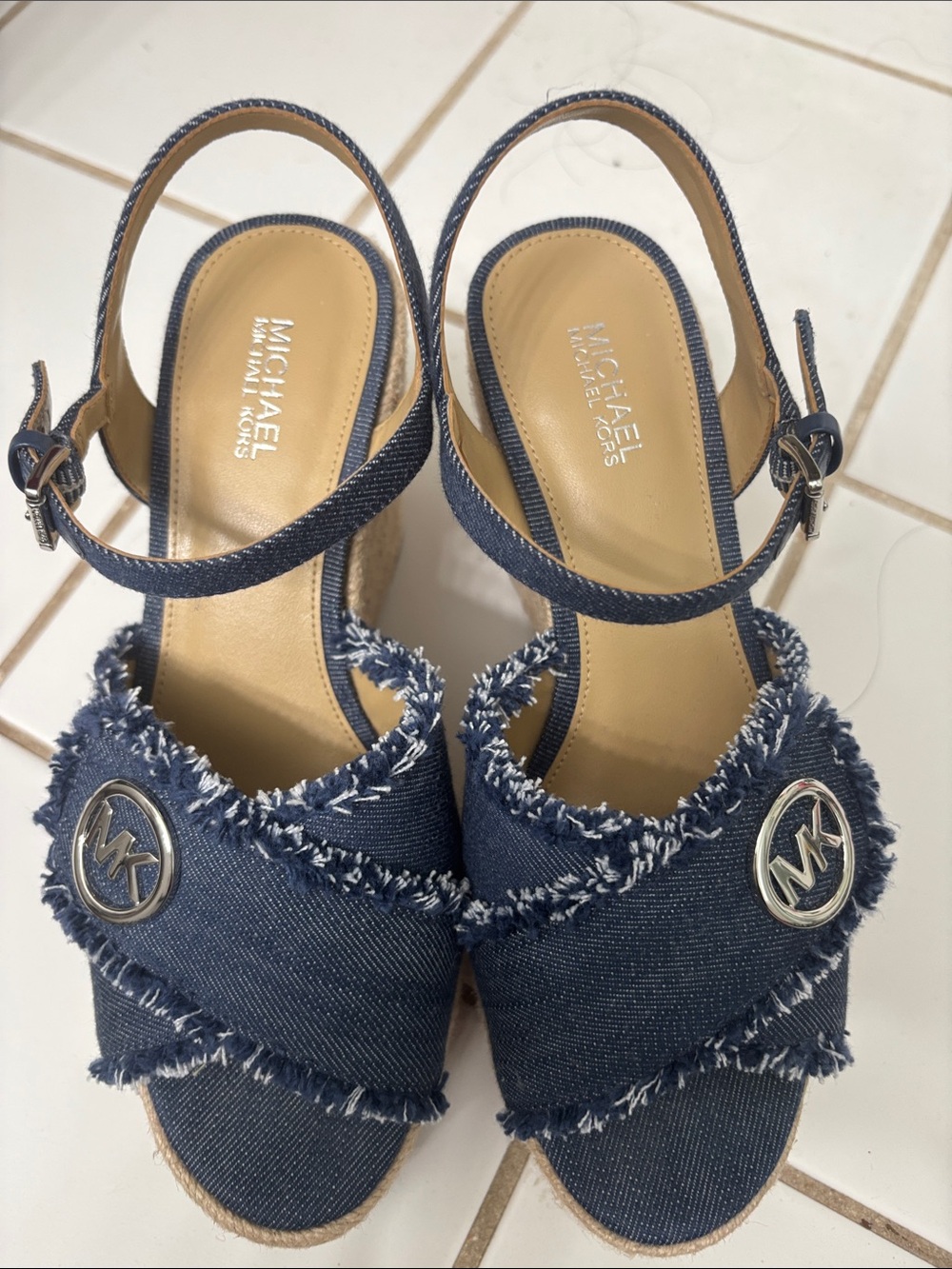 Michael Kors Denim Frayed Slingback Espadrille Wedges in Dark Blue